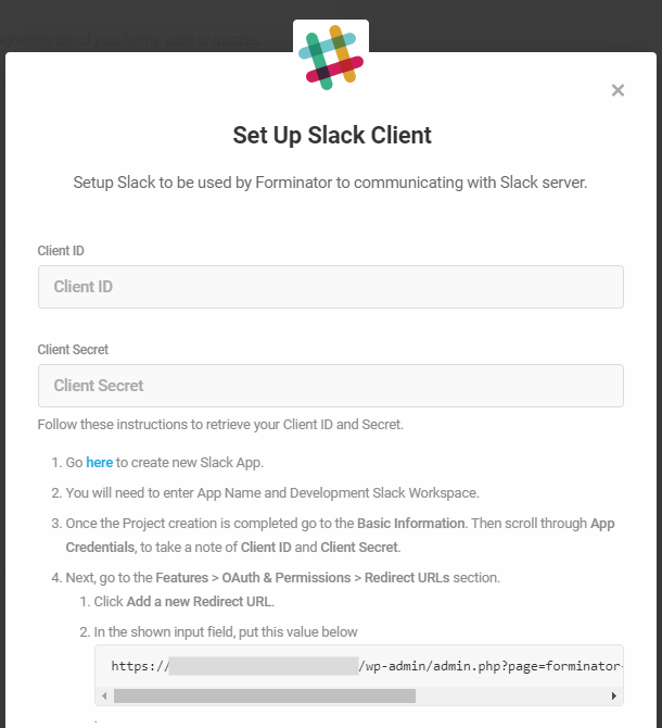 Enter Slack credentials for integration in Forminator