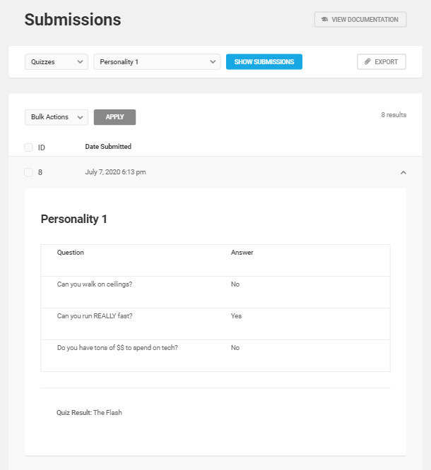 View details of a quiz submission in Forminator