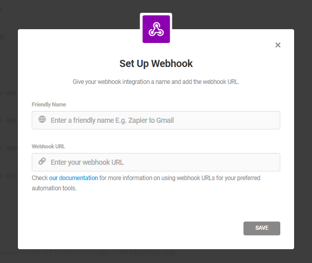 Webhook setup modal window