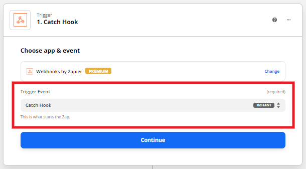 Select catch hook at Zapier for integration with Forminator