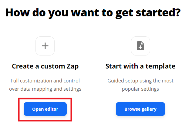 Open editor to create a zap at Zapier