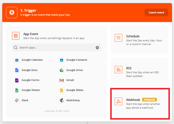 Select Webhook at Zapier for integration with Forminator