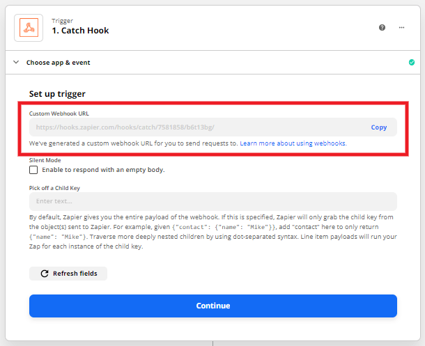 Copy webhook URL at Zapier for integration with Forminator
