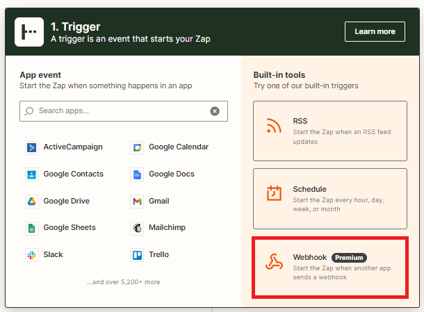 Choose webhook for the trigger