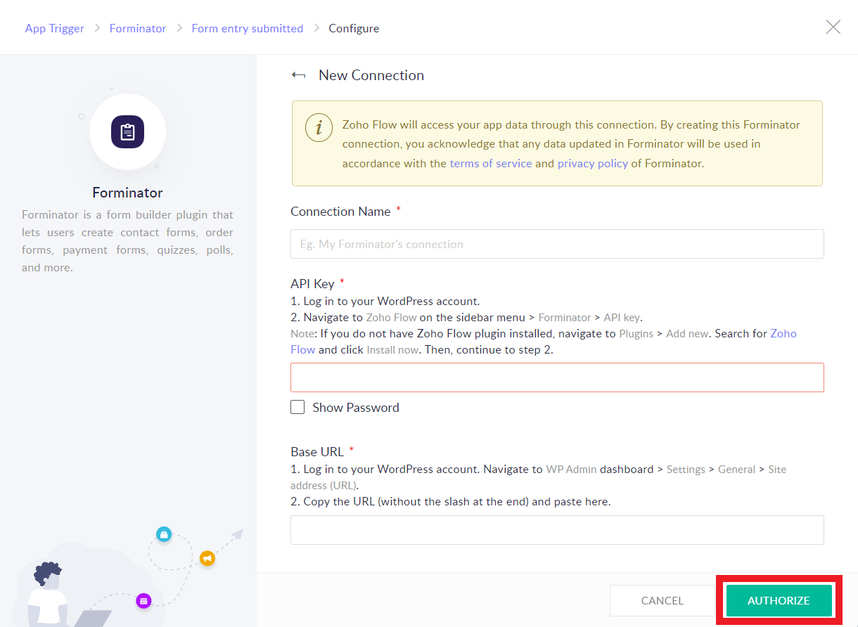 Connect Zoho Flow to a site via API