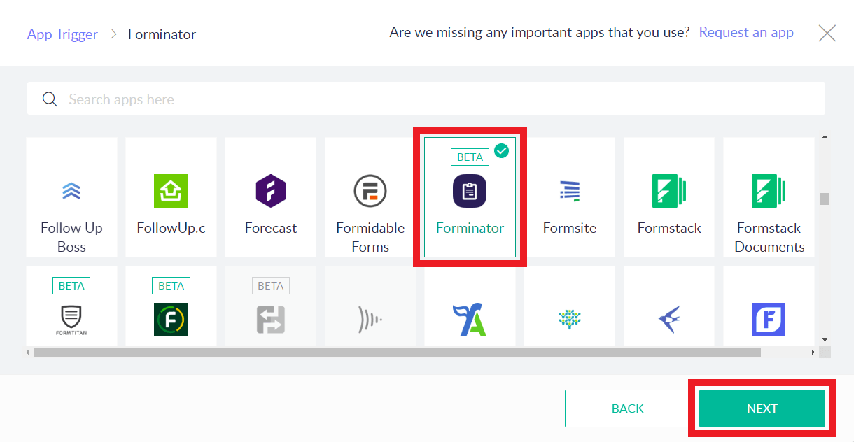 Select to use Forminator as the trigger in a Zoho flow