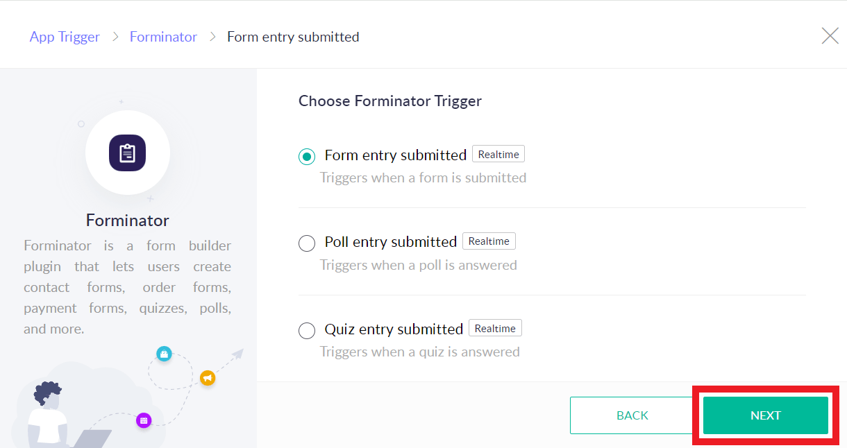 Select a Forminator form, poll or quiz as the trigger in a Zoho flow