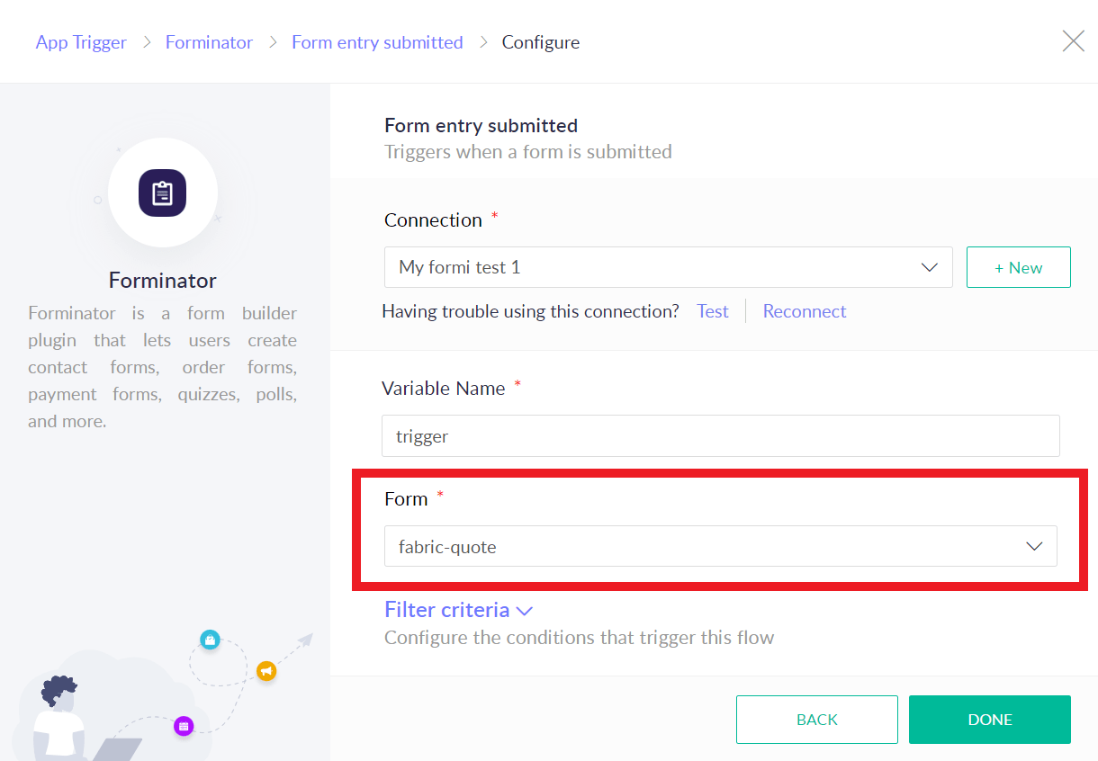 Select the form, poll or quiz as the trigger in a Zoho flow