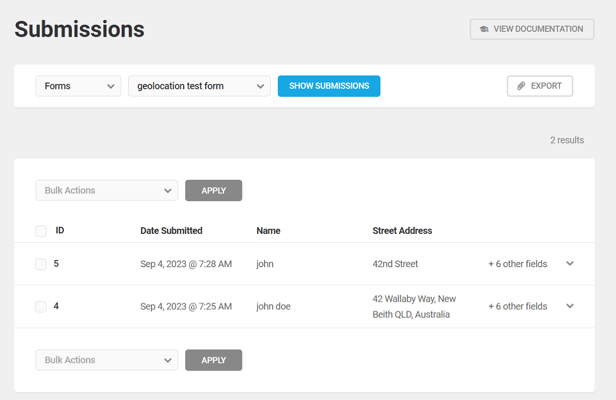 View list of form submissions in Forminator
