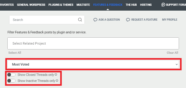 Features & Feedback forum filters
