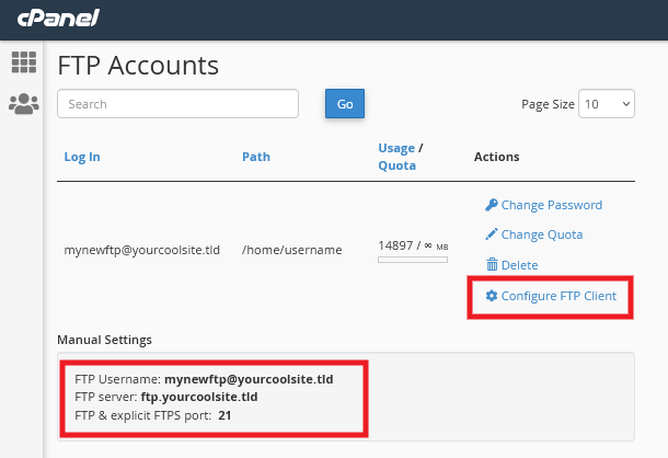 New FTP account created in cPanel