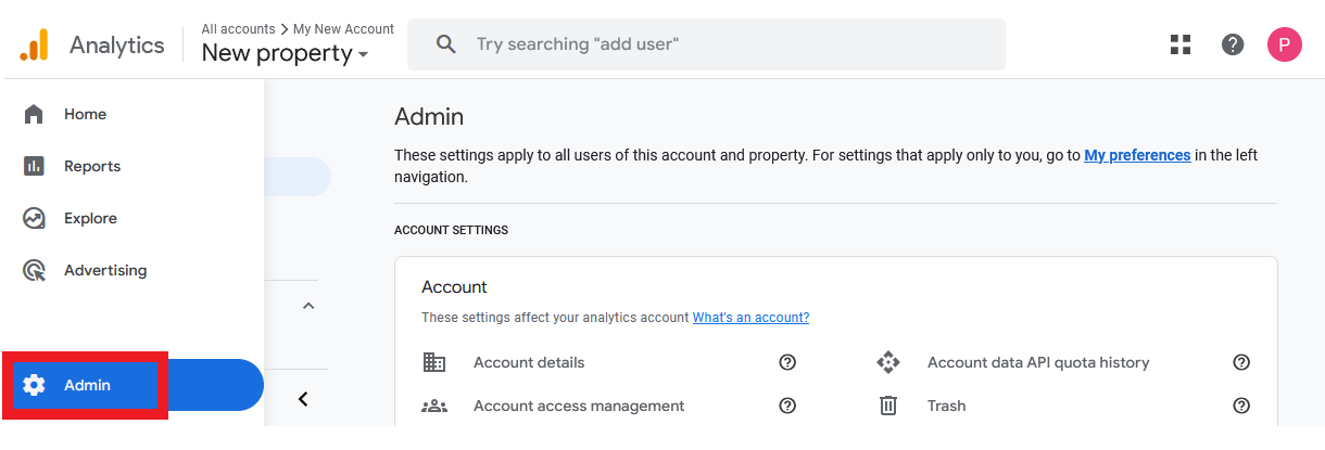 Google Analytics account admin
