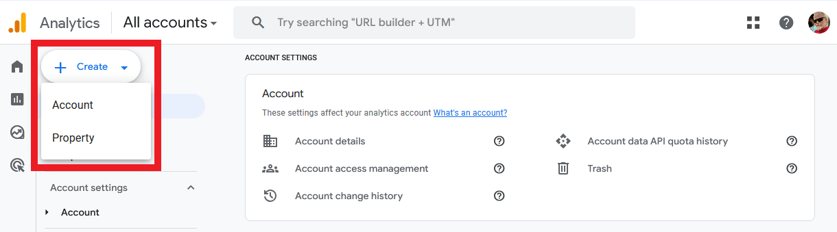 Create a new account or property in Google Analytics