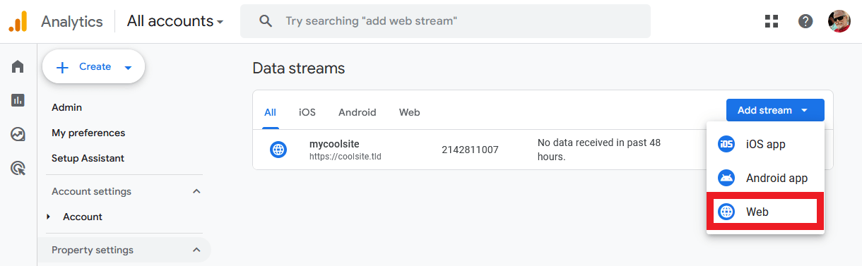 Create a new data stream in Google Analytics