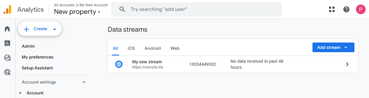 New data stream added in Google Analytics