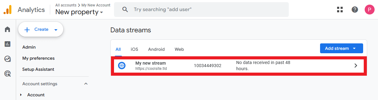 Select a data stream in Google Analytics