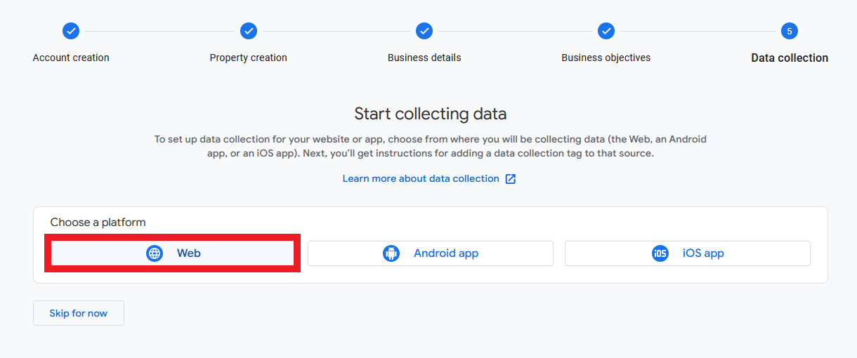 Create a data stream in a new Google Analytics account