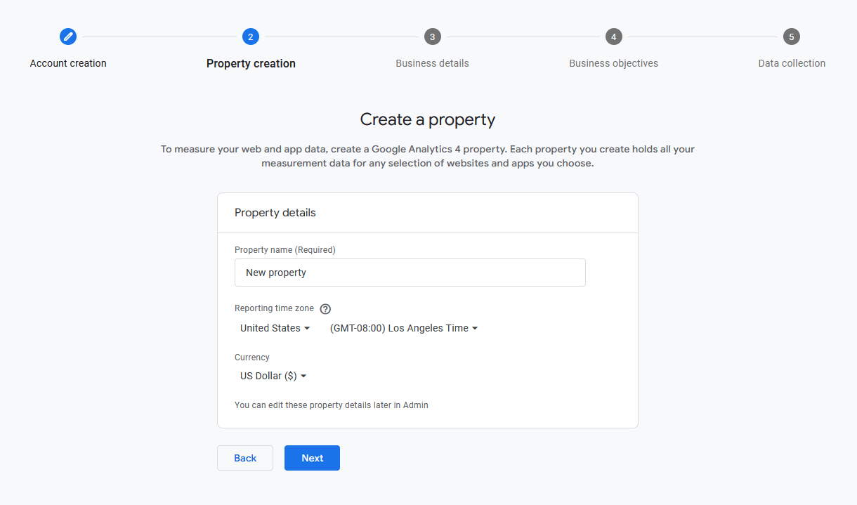 Create a property in a new Google Analytics account