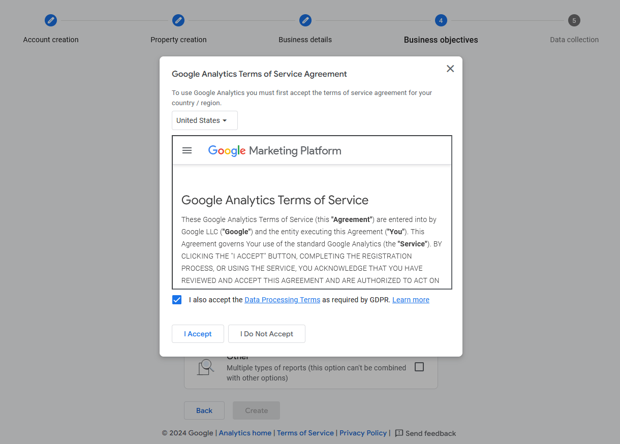 Accept the terms for a Google Analytics account