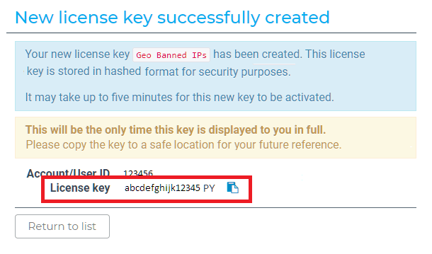 Copy MaxMind license key for location banning in Defender firewall