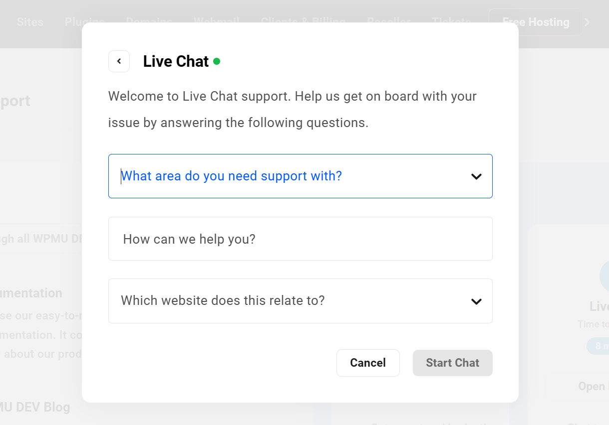Fill in the live chat prescreen