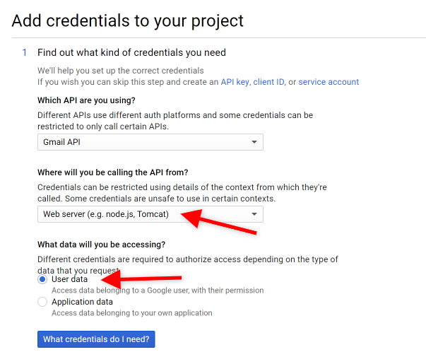 Screenshot of Gmail Add Credentials Step 1