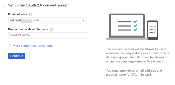 Screenshot of Gmail API Set up OAuth Consent Screen