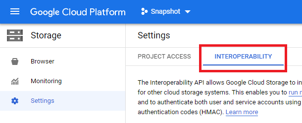 google cloud settings interoperability