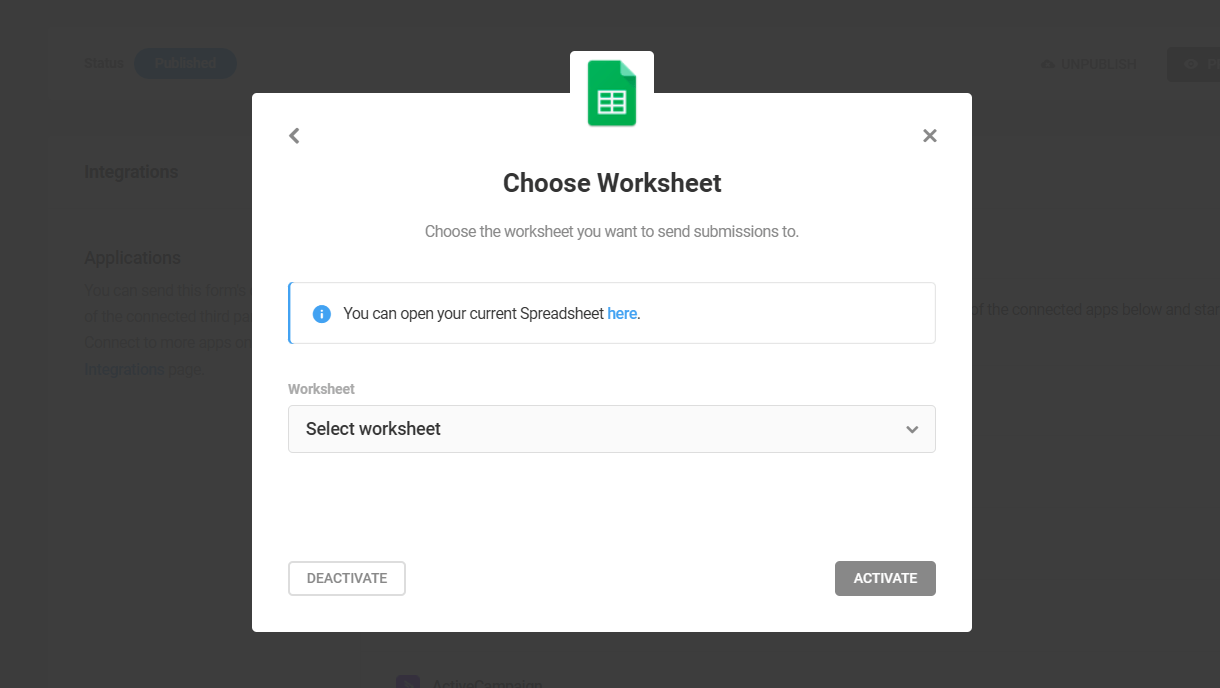 Select an existing Google sheet to connect to a Forminator form