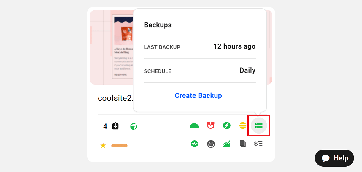 Backups icon in My Sites grid view