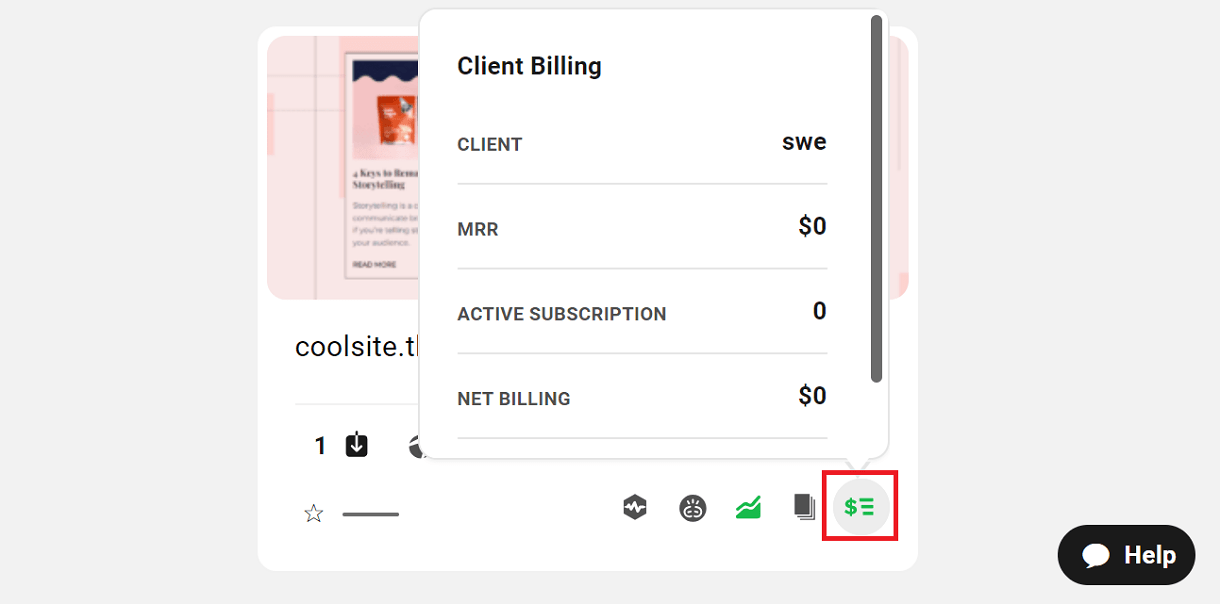 Client Billing icon in My Sites grid view