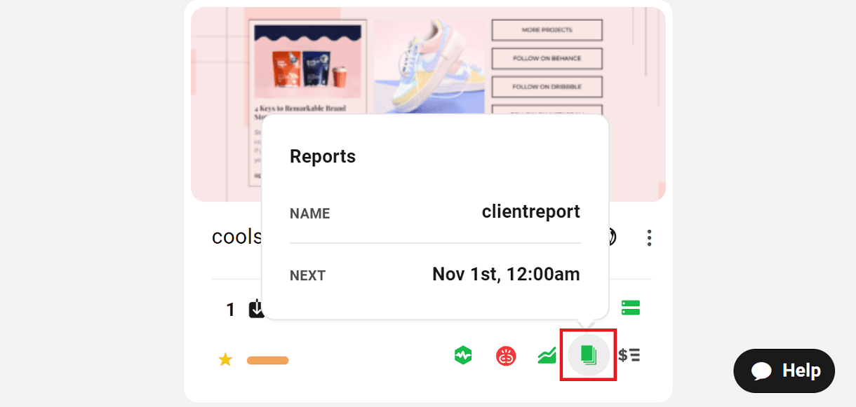 Reports icon in My Sites grid view