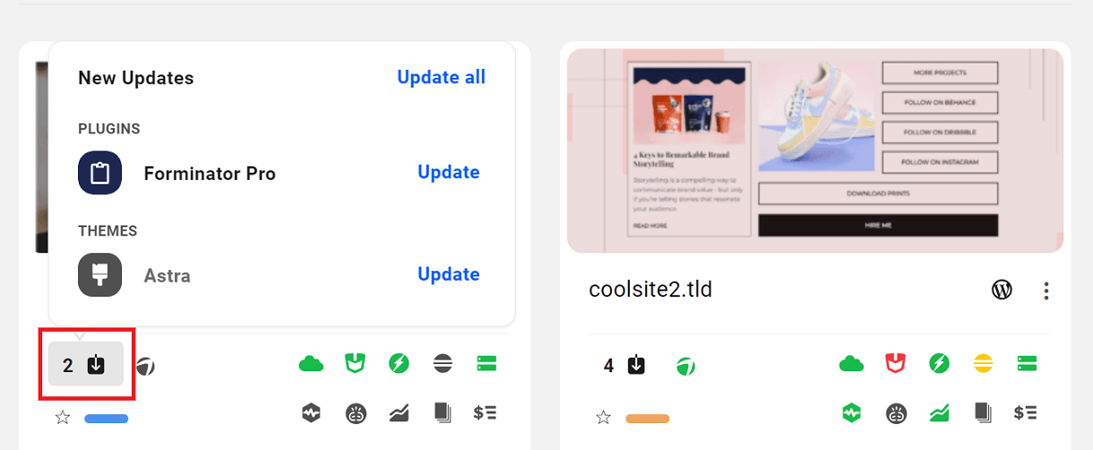 Updates icon in My Sites grid view