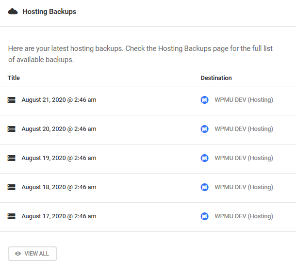 hosting backups dashboard overview