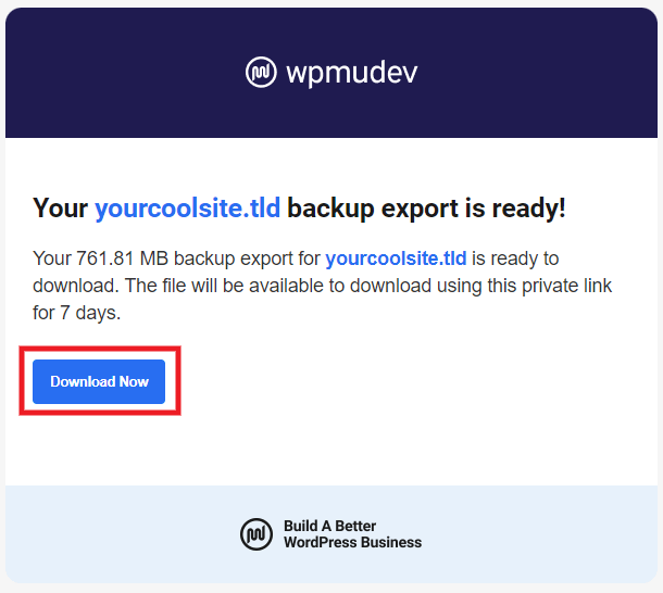 Email with link to download a hosting backup
