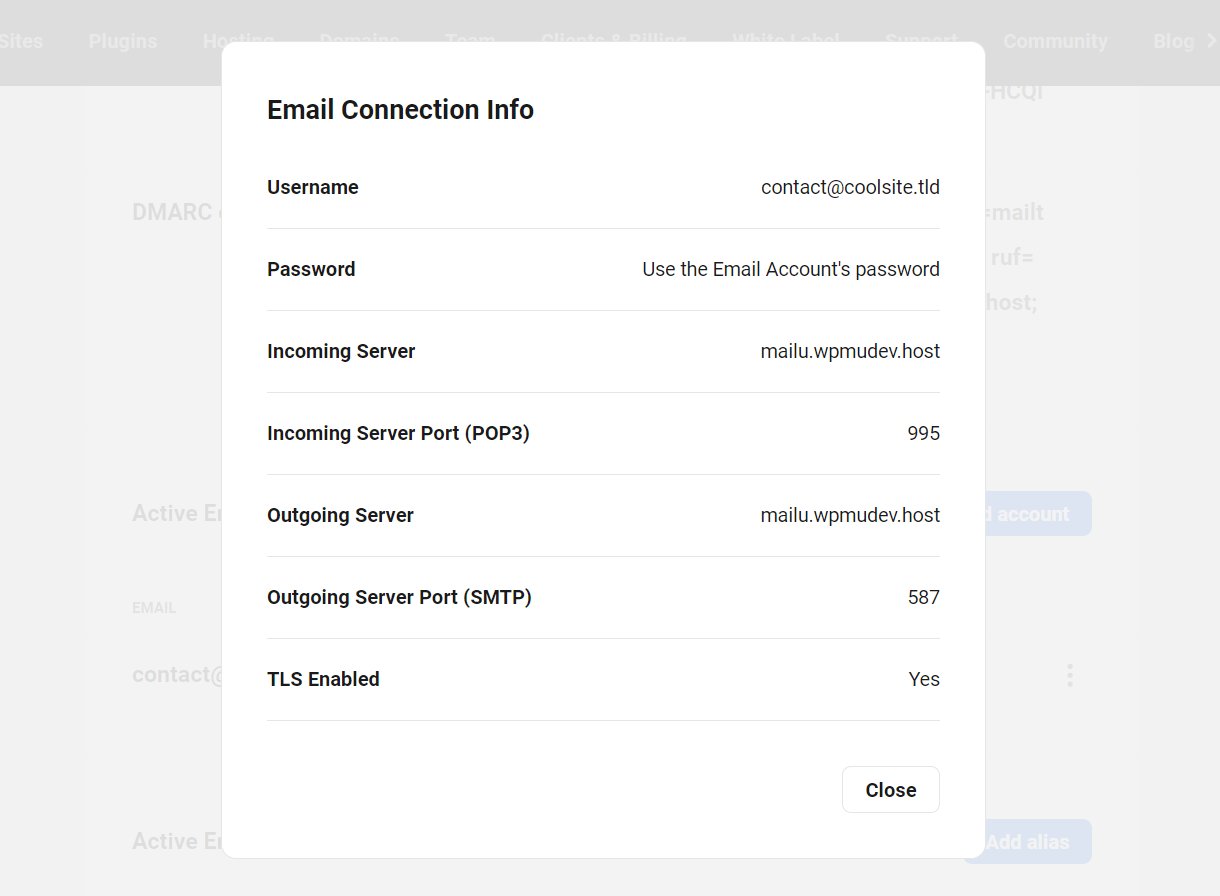 Connection info for WPMU DEV email accounts