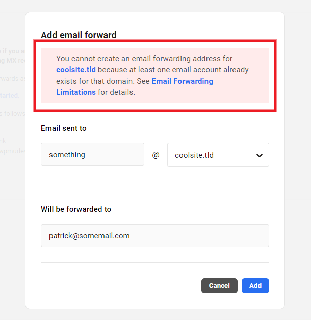Notice when trying to create a forward where email account already exists