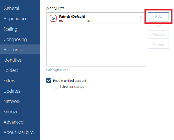 Add new account in Mailbird