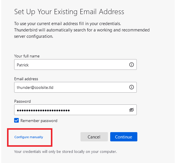 Enter email credentials to connect an account to Thunderbird