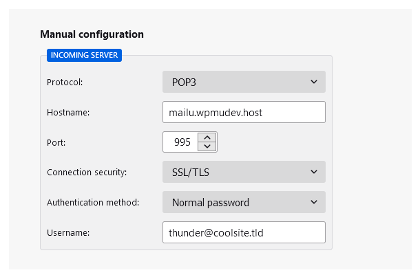 Incoming configuration for an email account connected to Thunderbird