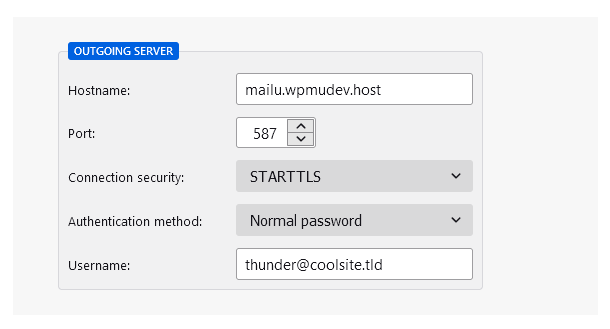 Outgoing configuration for an email account connected to Thunderbird