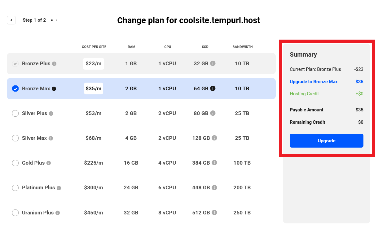 hosting plan summary