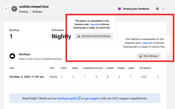 Manual and Hourly backups not available on Quantum sites