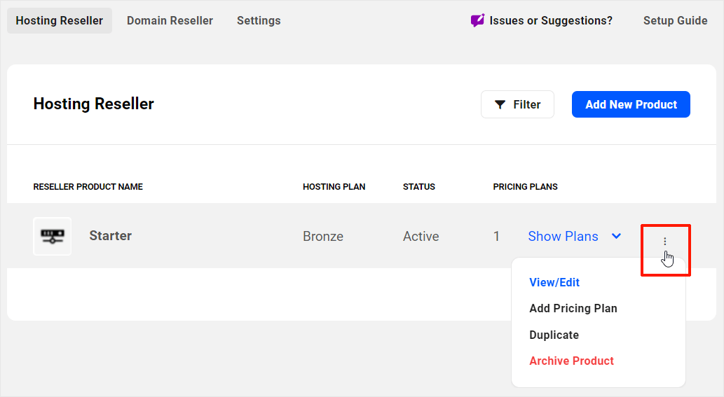 Hosting Reseller - Product Options