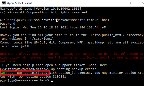 Create backup from Shell success