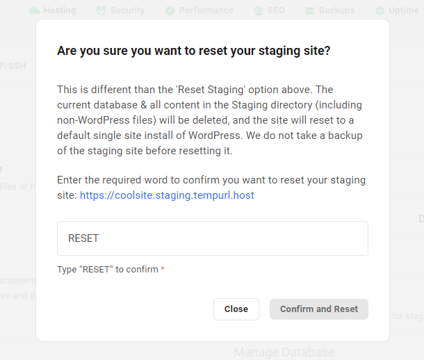 Reset WP staging dialog