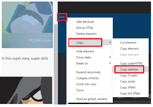 Get an element CSS selector in browser console