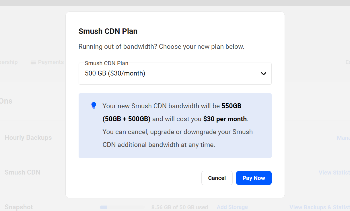 Purchase additional Smush CDN bandwidth from your Account page