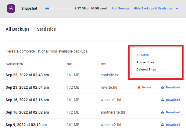 View Snapshot backups on your Account page