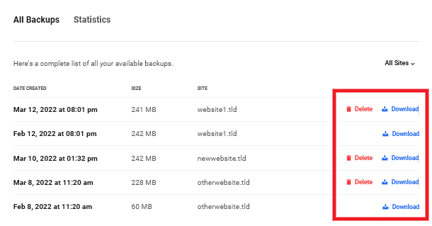 Download or delete Snapshot backups on your Account page